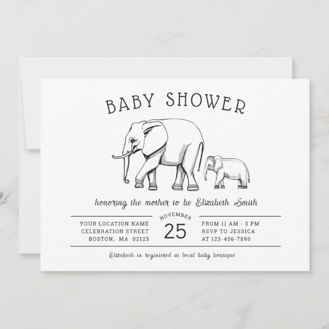 Invitation Baby shower moderne éléphant genre neutre (Devant)