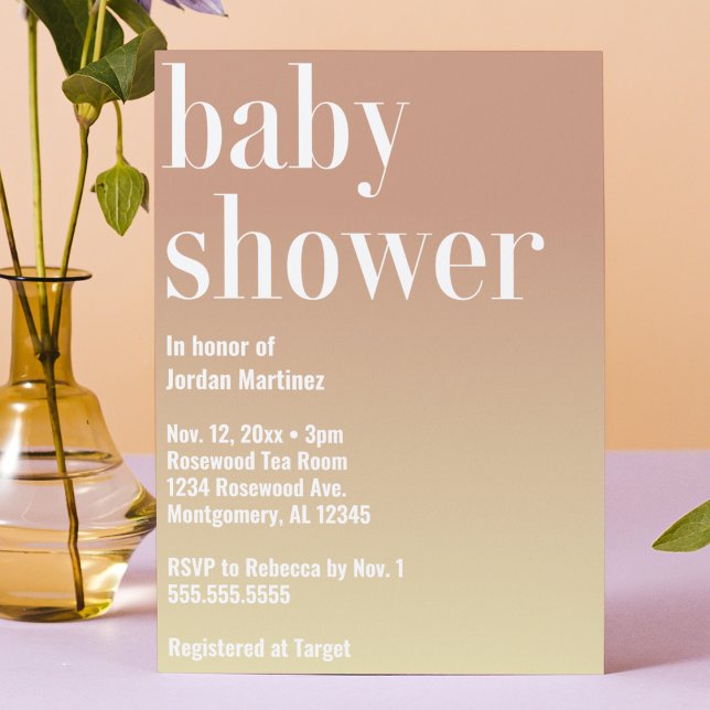 Invitation Baby shower moderne en gras dégradé simple (modern simple gradient pink yellow baby shower invitation baby girl typography bold cute minimalist)