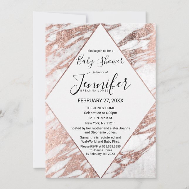 Invitation Baby shower moderne en marbre rose or blanc (Devant)
