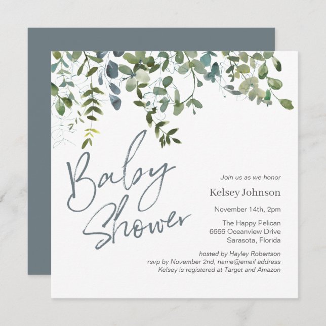 Invitation Baby shower moderne Eucalyptus Green Script (Devant / Derrière)