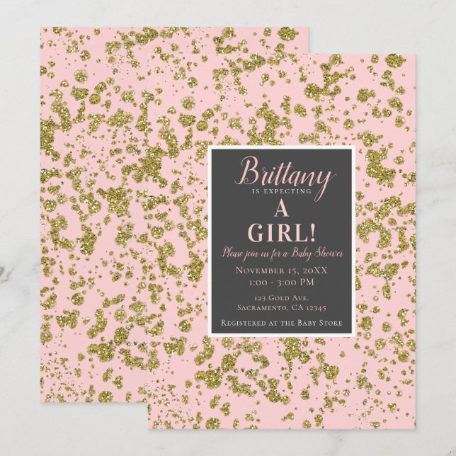 Invitation Baby Shower Moderne Féminin Paillettes Rose & Or (Devant / Derrière)