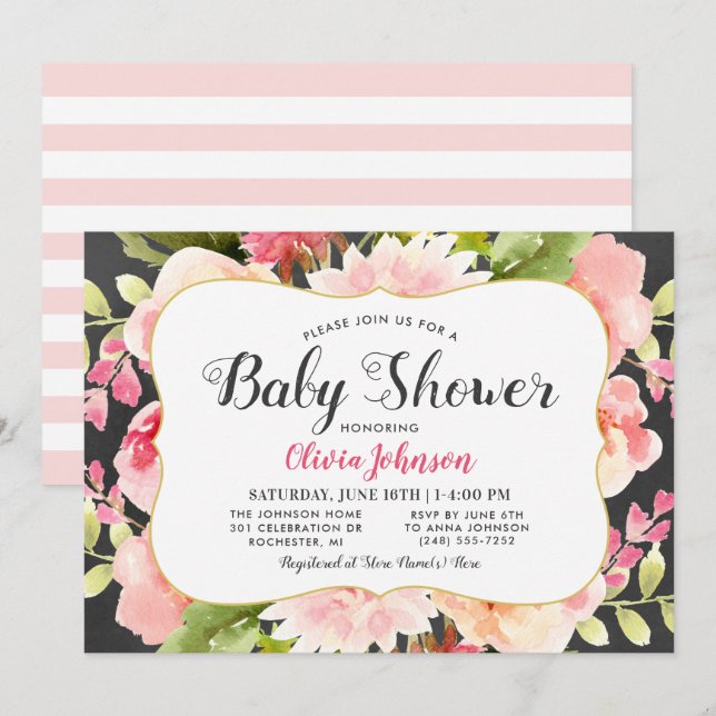 Invitation Baby Shower Moderne Fille aux Fleurs Roses (Devant / Derrière)