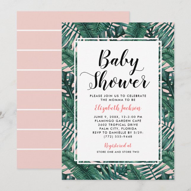 Invitation Baby Shower Moderne Fleur de Palmier Tropicale Ros (Devant / Derrière)