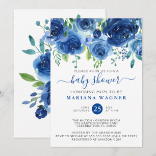 Invitation Baby-Shower Moderne Fleur Watercolor Bleu pour Gar