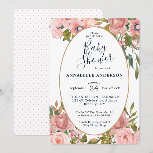 Invitation Baby shower moderne Floral Rose Blush Gold Garden (Devant / Derrière)