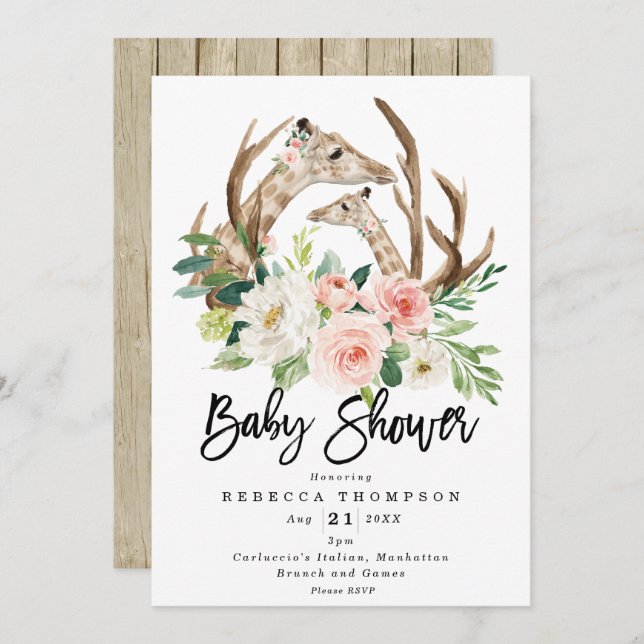 Invitation baby shower moderne floral rustique de girafes (Devant / Derrière)