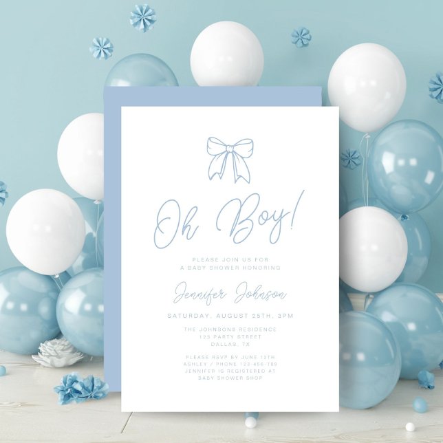 Invitation Baby Shower Moderne Garçon Ruban Coquette Bleu (Cute Blue Coquette Bow Boy Baby Shower Invitation)