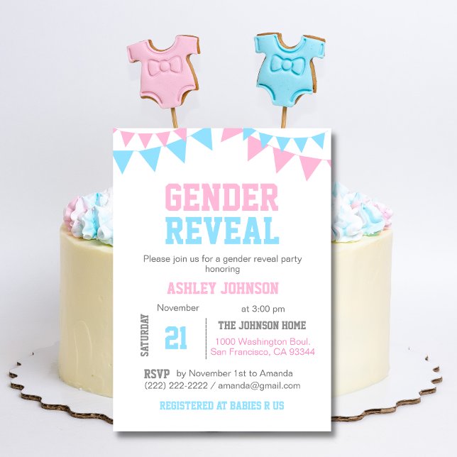 Invitation Baby shower moderne GENDER REVEY rose Bleu (Créateur téléchargé)