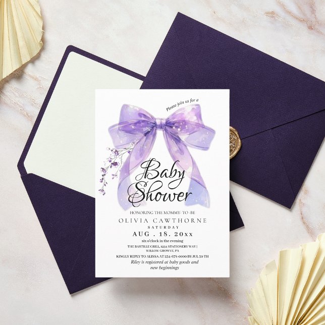 Invitation Baby shower moderne Lavender Bow et Flowers (Créateur téléchargé)