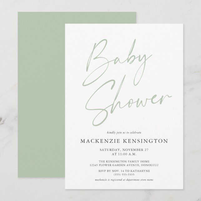 Invitation Baby shower moderne minimaliste vert clair (Devant / Derrière)