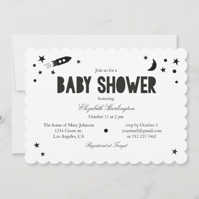 Invitation baby shower moderne. Noir et blanc (Devant)