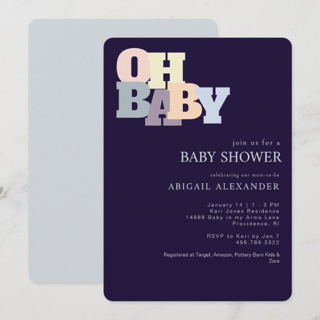 Invitation Baby shower moderne Oh Baby Navy (Devant / Derrière)
