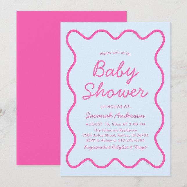 Invitation Baby shower moderne ondulé rétro bleu rose (Devant / Derrière)
