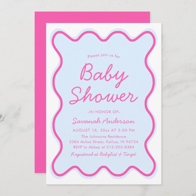 Invitation Baby shower moderne ondulé rétro bleu rose (Devant / Derrière)