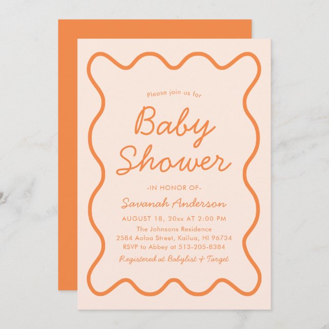 Invitation Baby shower moderne ondulé rétro Peach Fuzz (Devant / Derrière)