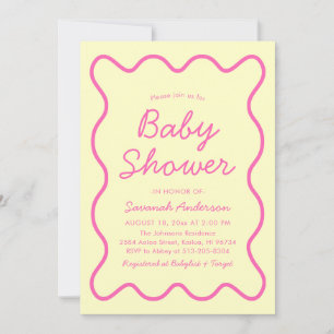 Invitation Baby shower moderne ondulé rétro rose jaune