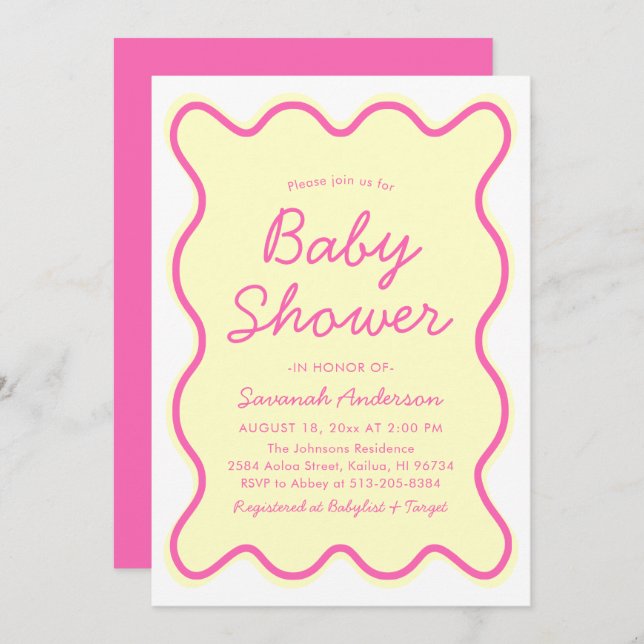 Invitation Baby shower moderne ondulé rétro rose jaune (Devant / Derrière)