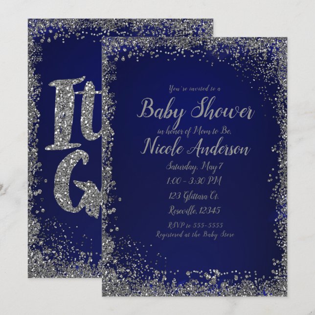 Invitation Baby Shower Moderne Pailleté Argent Bleu Royal Gla (Devant / Derrière)