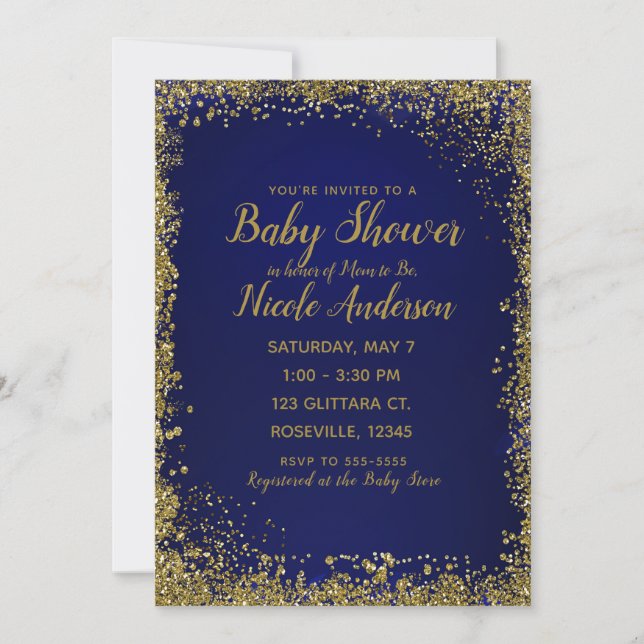 Invitation Baby Shower Moderne Pailleté Bleu Royal et Or (Devant)