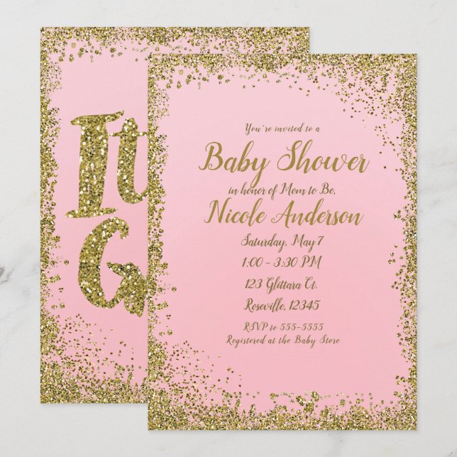 Invitation Baby shower Moderne Pailleté Rose Doré Glamour (Devant / Derrière)