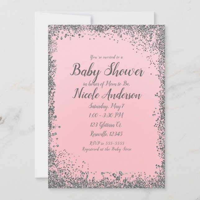 Invitation Baby Shower Moderne Pailleté Rose Foncé Argenté Gl (Devant)