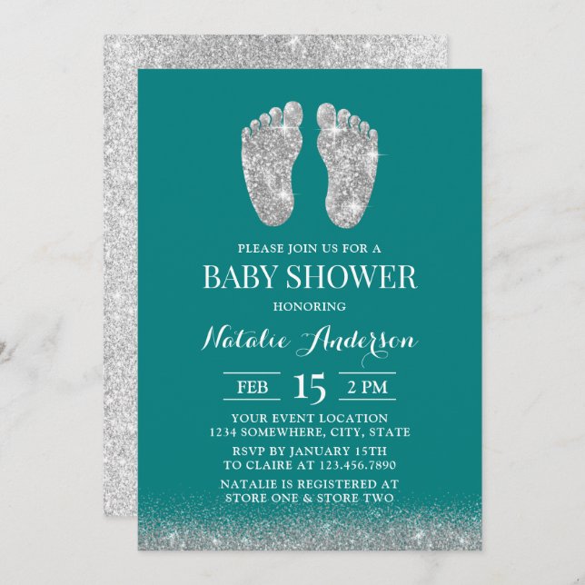 Invitation Baby shower moderne Parties scintillant argent  pi (Devant / Derrière)