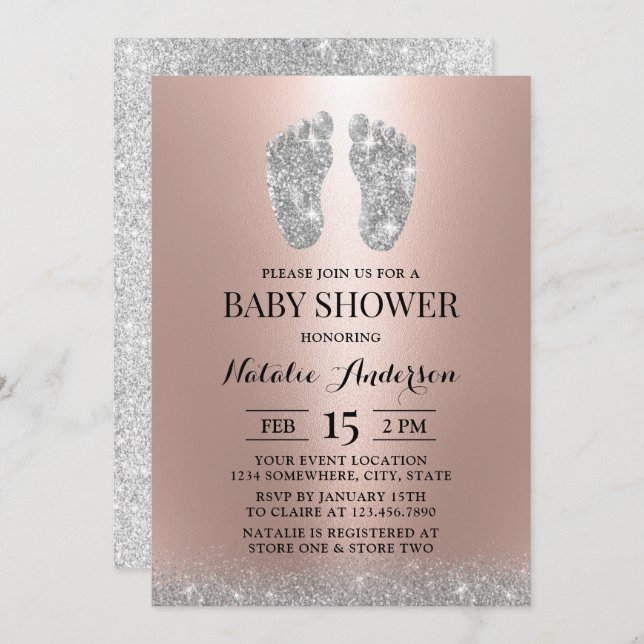 Invitation Baby shower Moderne Parties scintillant Argent Pie (Devant / Derrière)