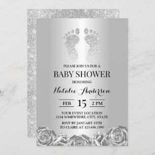 Invitation Baby shower moderne Parties scintillant argent pie