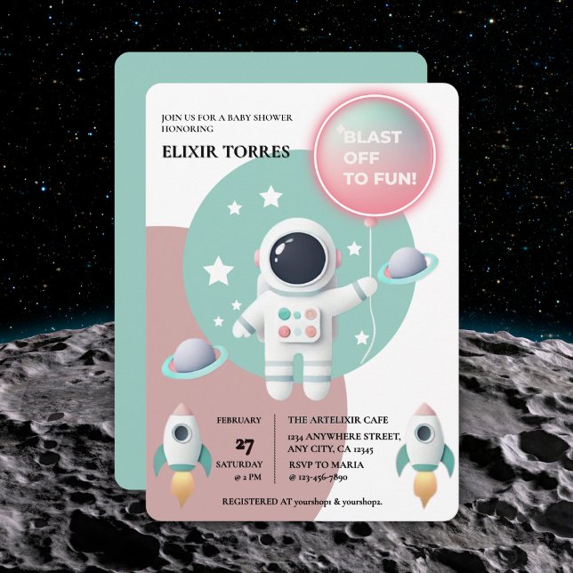 Invitation Baby shower moderne Pastel Space Explorer (Créateur téléchargé)