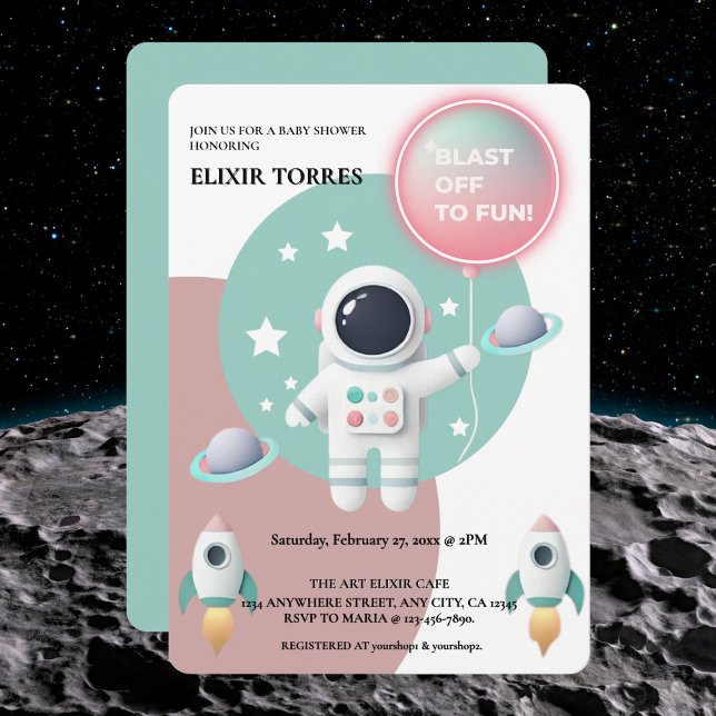 Invitation Baby shower moderne Pastel Space Explorer (Créateur téléchargé)