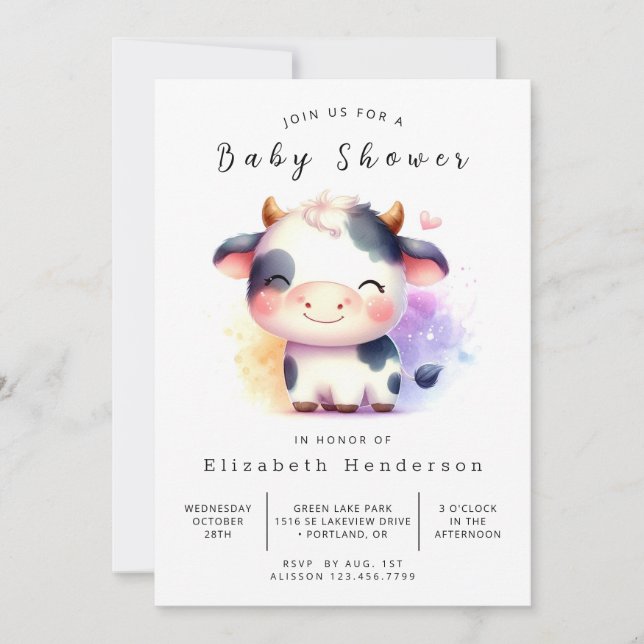 Invitation Baby shower moderne Pastel Whimsical Cow (Devant)