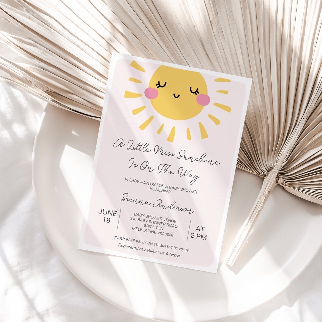 Invitation Baby shower moderne Pink Sun Little Miss Sunshine (Sunshine Baby Shower Invitation Template, A Little Sunshine is on the way Baby Shower Invitation )