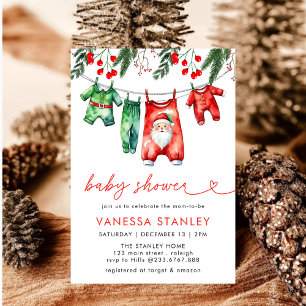 Invitation Baby shower moderne Red Winter Christmas Père Noël
