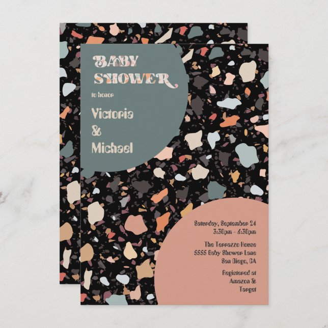 Invitation Baby shower moderne Retro Terrazzo (Devant / Derrière)
