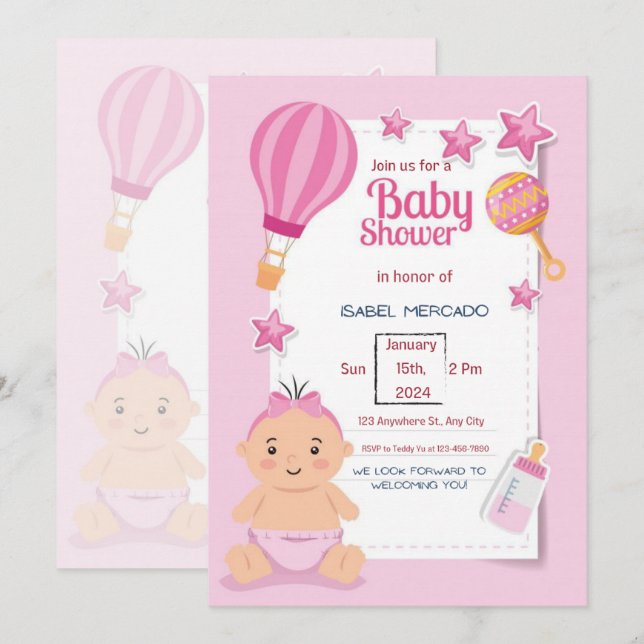 Invitation Baby shower moderne rose (Devant / Derrière)