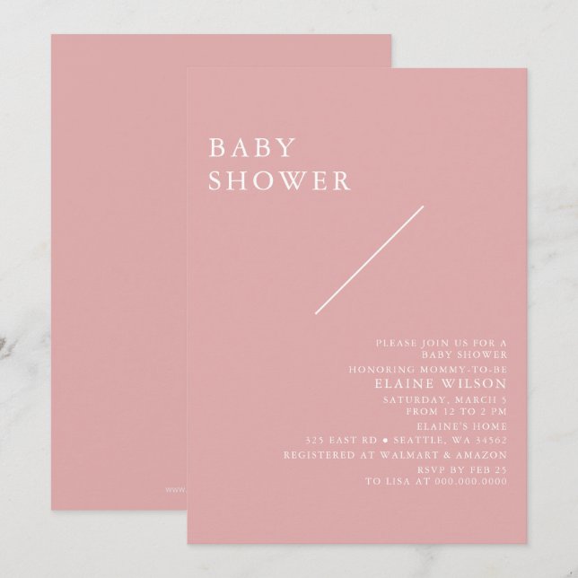 Invitation Baby shower moderne rose simple élégant (Devant / Derrière)