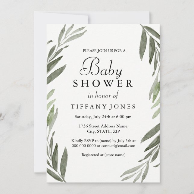 Invitation Baby shower moderne simple feuille verte Invitatio (Devant)