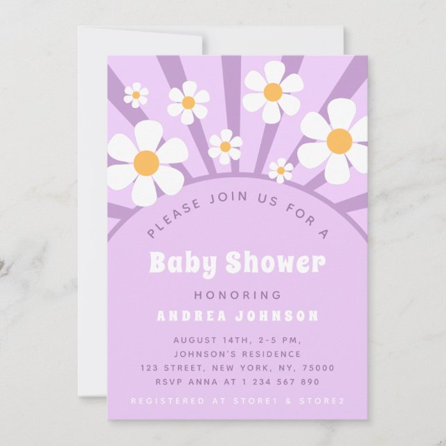 Invitation Baby shower moderne Super Retro Rose Purple Daisy (Devant)