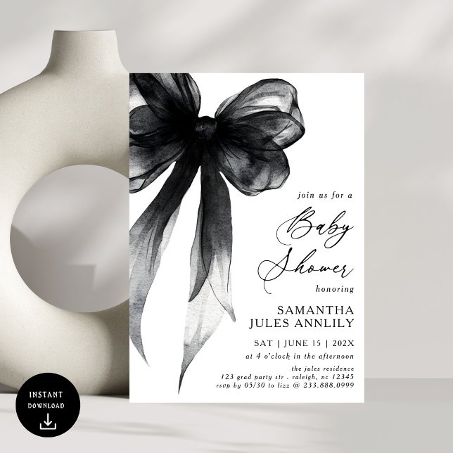 Invitation Baby shower moderne tendance Black Bow (Créateur téléchargé)