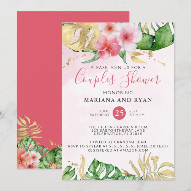 Invitation Baby shower moderne Tropical Summer Floral Couples (Devant / Derrière)
