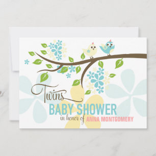 Invitation Baby shower moderne Twins Boys Cute Birds & Flower