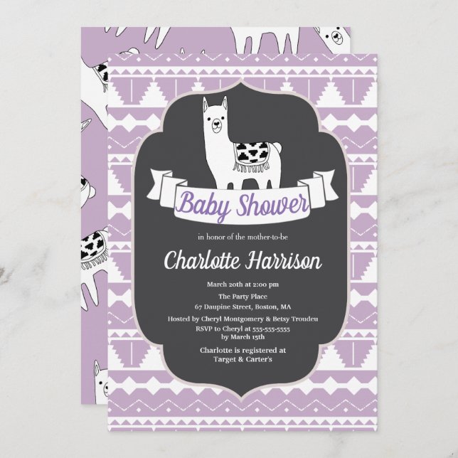 Invitation Baby shower moderne violet blanc Aztec Llamas (Devant / Derrière)