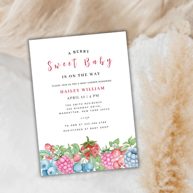 Invitation Baby shower moderne Wild Berry Sweet (Modern Wild Berry Sweet Baby Shower In Invitation)