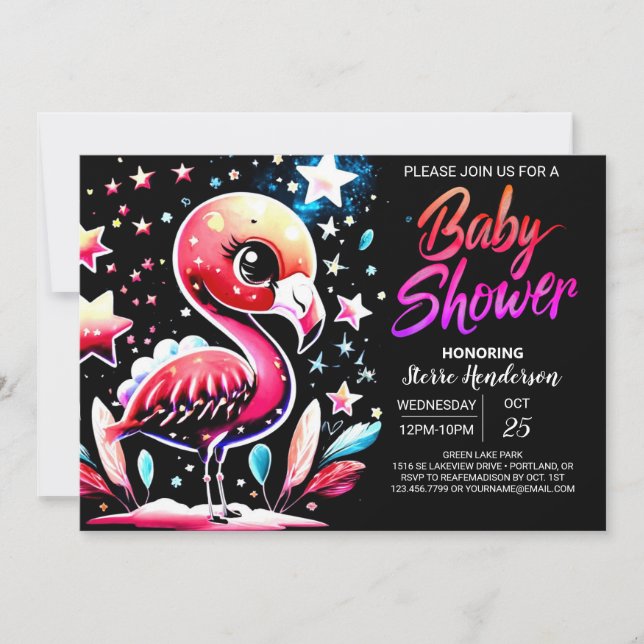 Invitation Baby shower modifiable Flamant rose chic (Devant)