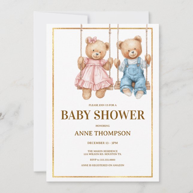 Invitation Baby shower modifiable - Ours en peluche mignon (Devant)