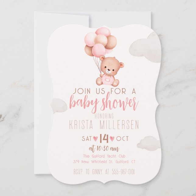 Invitation Baby shower modifiable Ours rose et bei (Devant)
