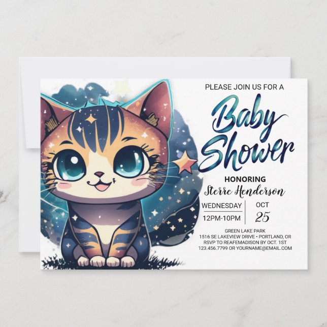 Invitation Baby shower modifiable Whimsical Kitty (Devant)