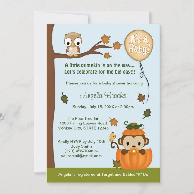 Invitation Baby shower MONKEY Citrouille d'automne (Devant)