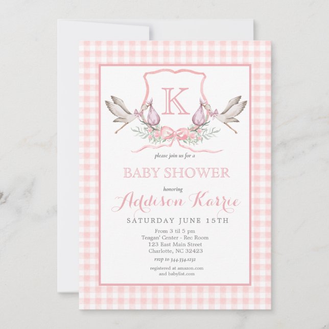 Invitation Baby shower Monogram Crest Stork (Devant)