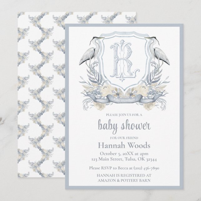 Invitation Baby Shower Monogramme de luxe Heron (Devant / Derrière)